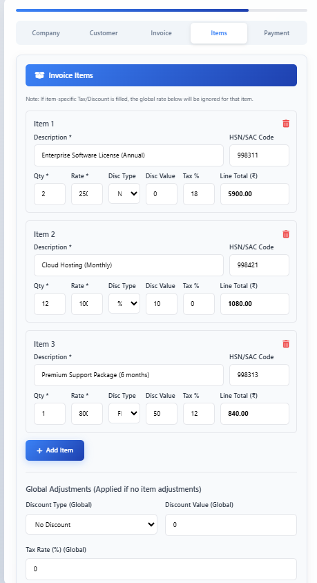 Invoice items section with multiple items, quantity, rate, tax, discount, and total calculation fields