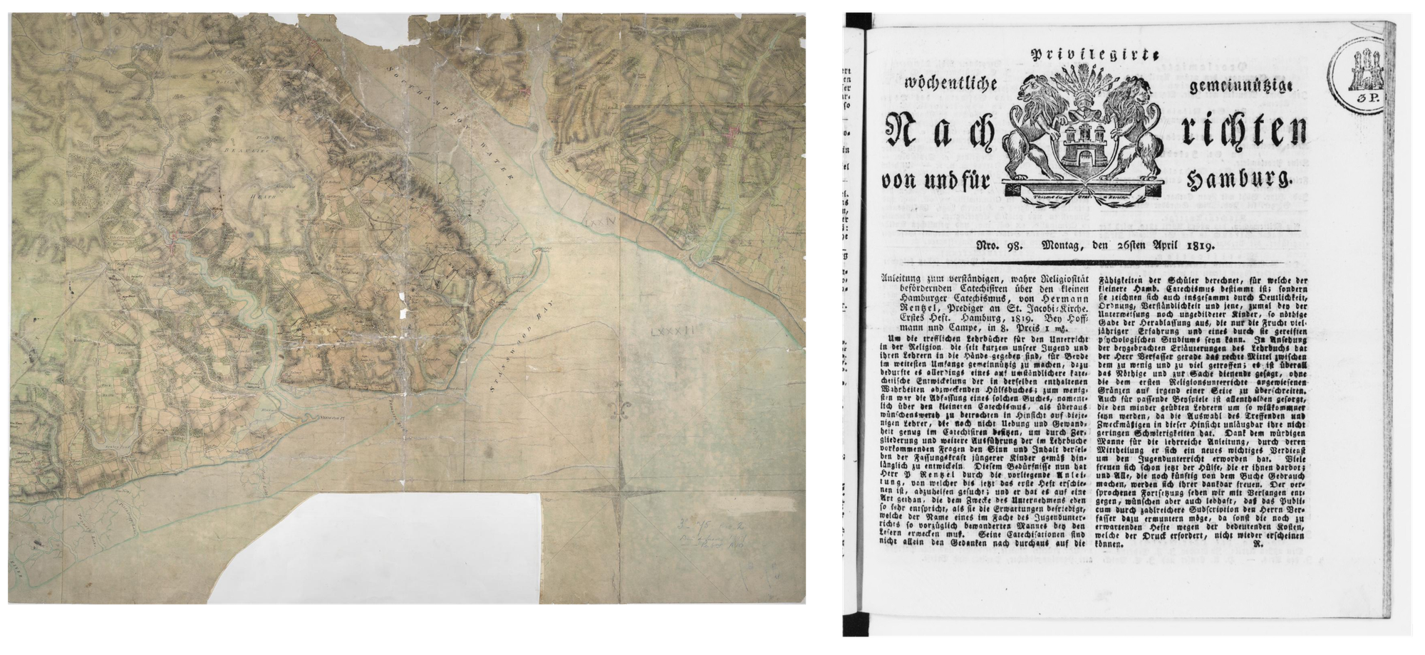 Historical map of Stuttgart and surrounding areas on the left, with a section of explanatory text in German on the right, sug
