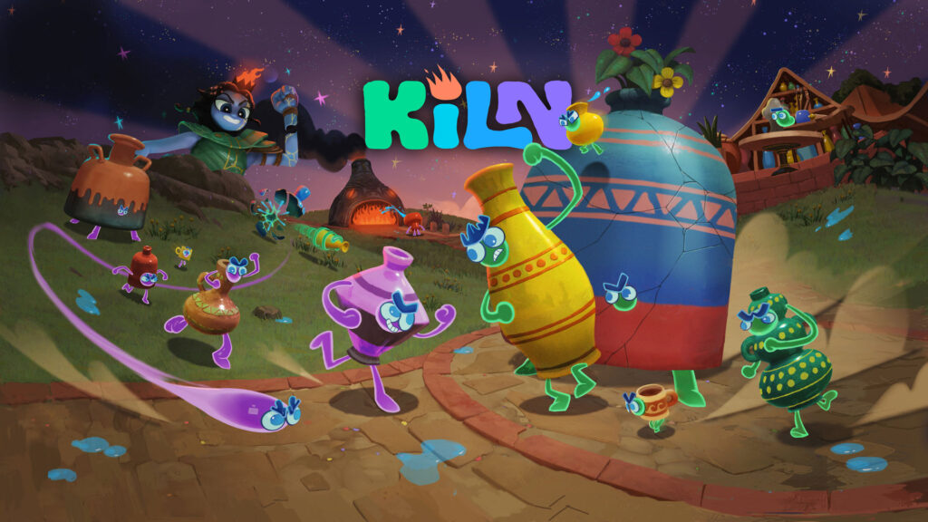 Whimsical animated characters that look like colorful pottery with faces run joyfully along a path at night. The word "Kiln" appears above them.