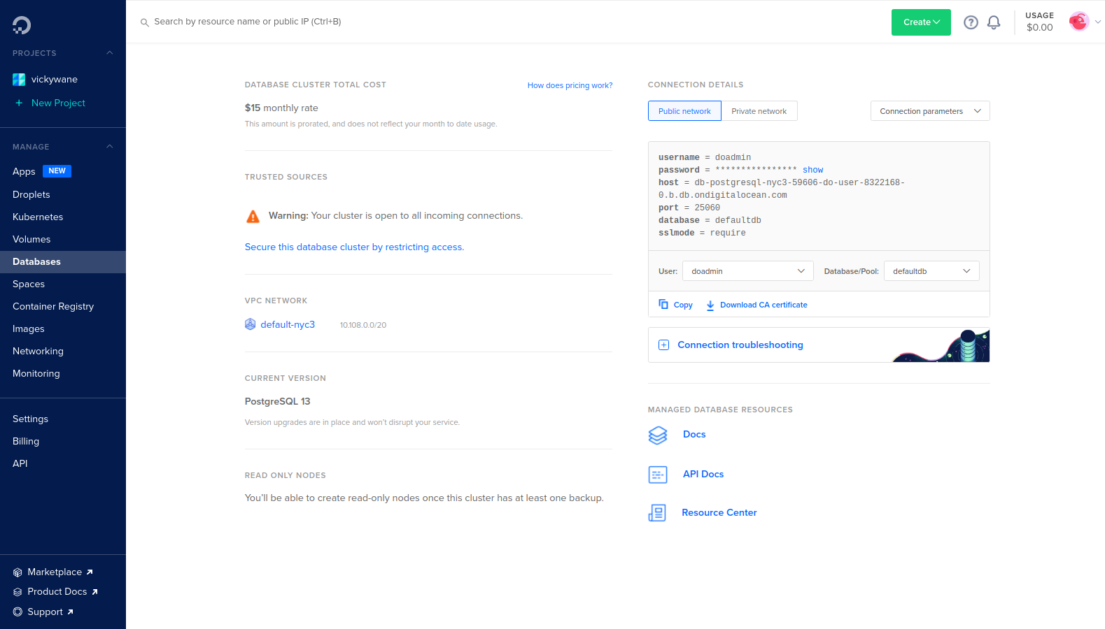 Digitalocean database cluster credentials