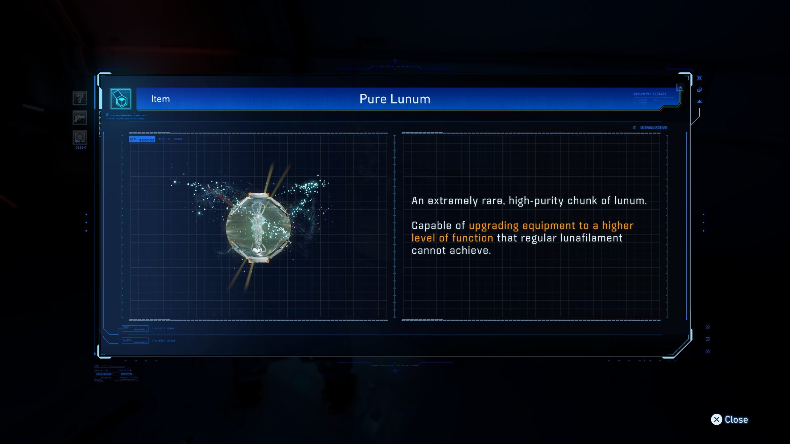 A PRAGMATA in-game screen from 'Pure Lunum' shows a high-purity chunk of lunum, described as capable of upgrading equipment to a higher level than regular lunafilament.