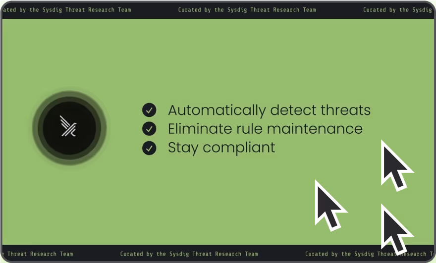 Green background with a circular icon on the left and three bullet points listing: Automatically detect threats, Eliminate rule maintenance, Stay compliant, with three black and white cursor arrows pointing at the text.