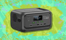 Bluetti Elite 10 mini portable power station on green and lime green abstract background