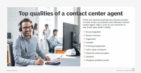 Graphic listing key qualities of a contact center agent, including knowledgeable, detail-oriented, organized, flexible, empathetic and effective communicator.