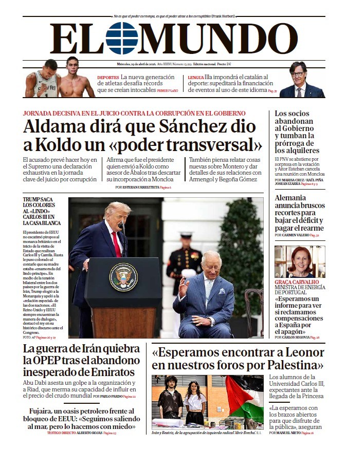 Portada de EL MUNDO del mi�rcoles 29 de abril de 2026