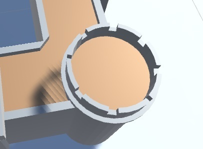 Jagged pixelated shadows with visible stair-step edges cast beside a circular tower structure in a 3D scene