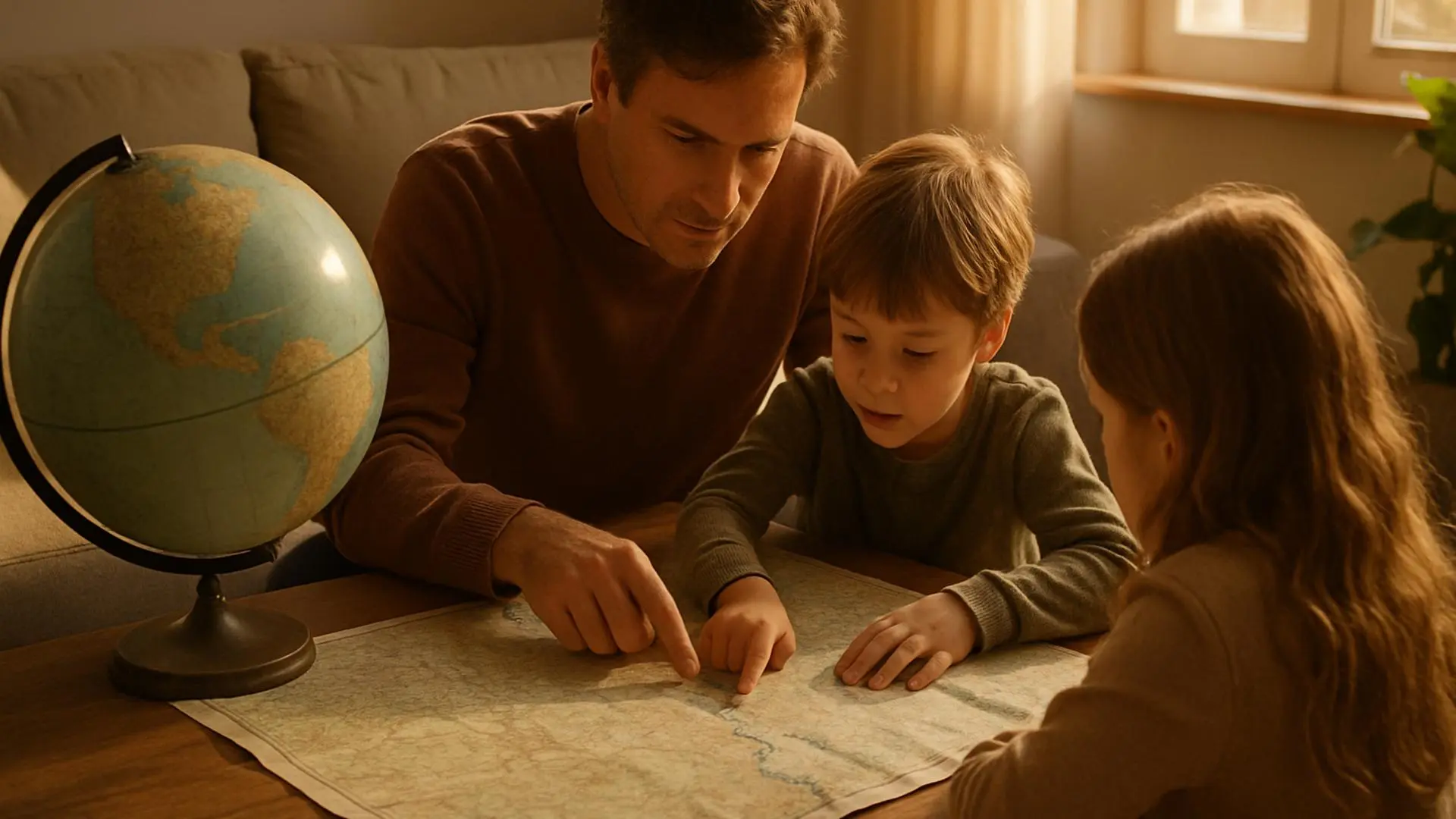 Una familia observa un globo terráqueo y un mapa en casa mientras señala rutas de ríos.