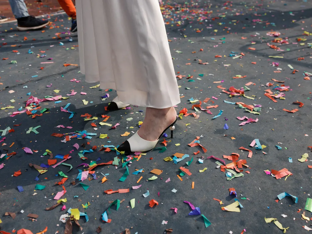 Image may contain Clothing Footwear Shoe Paper Flower Petal Plant High Heel Confetti Adult and Person