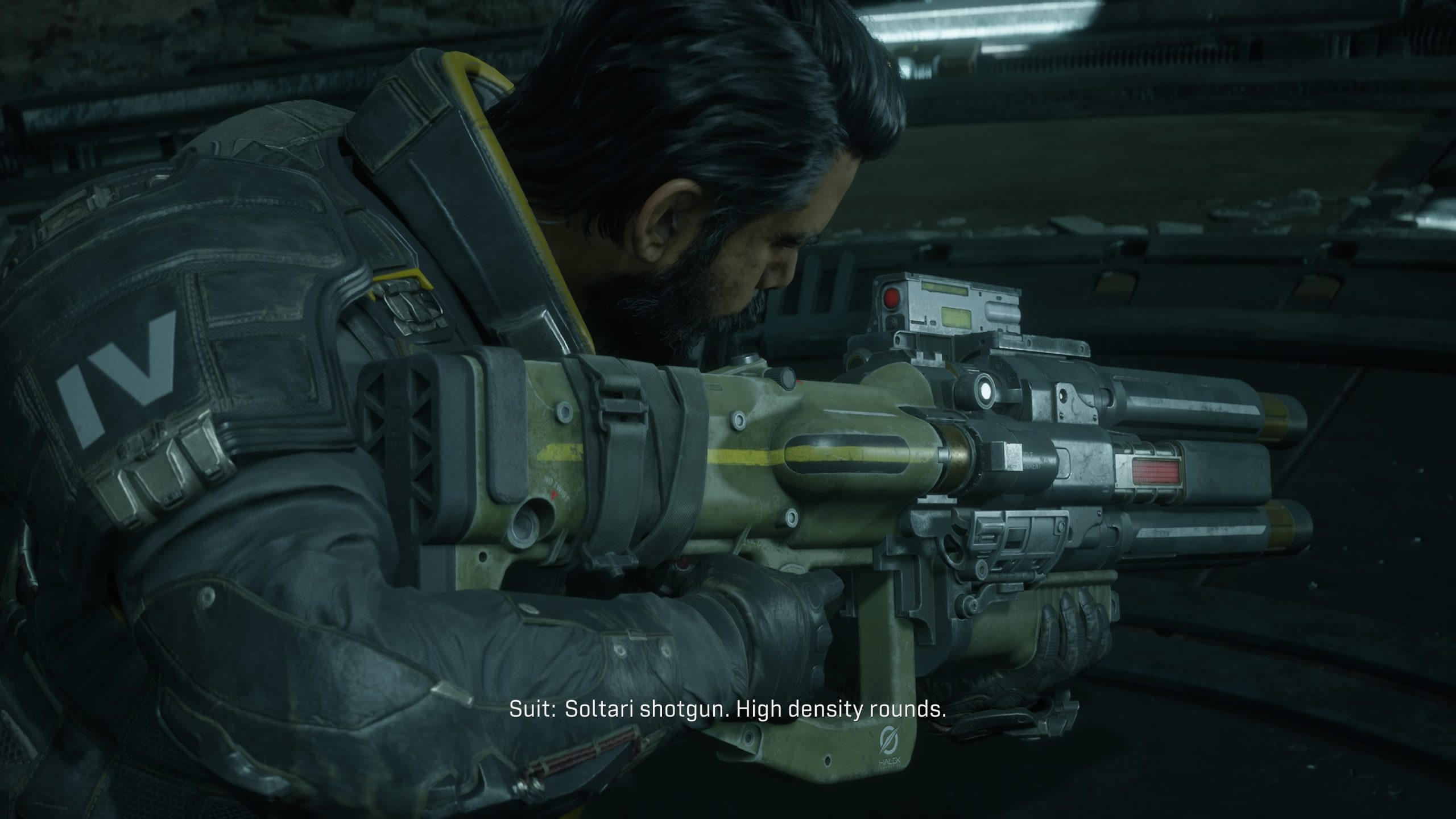 A character in 'Saros' aiming a Soltari shotgun with the text 'Suit: Soltari shotgun. High density rounds.'