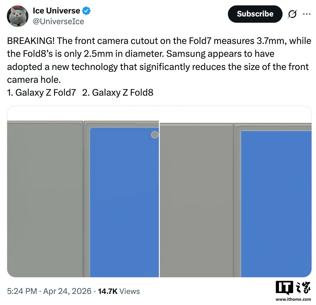 消息称三星 Galaxy Z Fold8 折叠屏手机外屏摄像头打孔变小,直径从 3.7mm 缩至 2.5mm