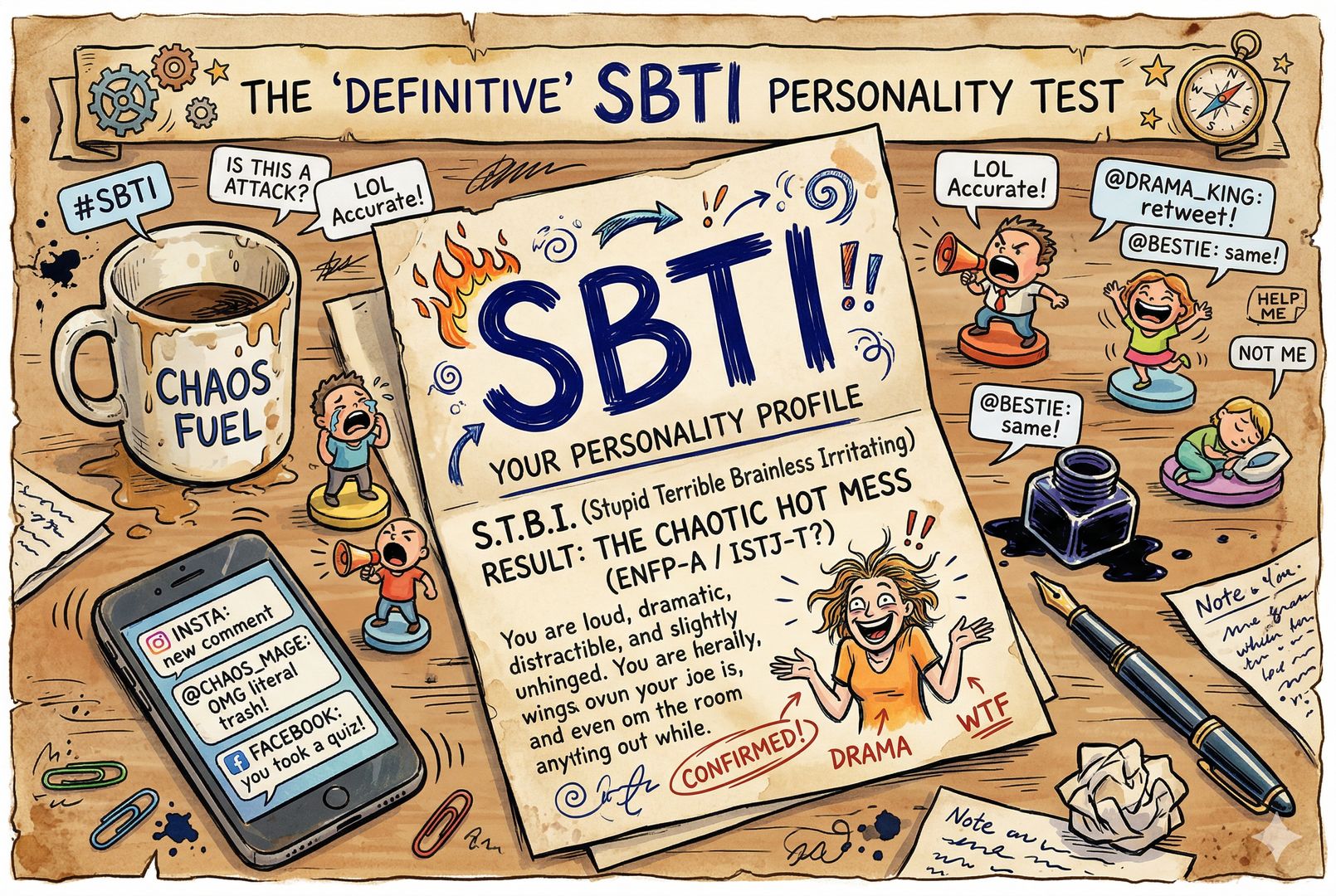 一张仿人格测试海报风的封面插画,桌上摊开写着 SBTI 四个字母的测试结果卡片,周围散落手机、咖啡杯、夸张表情小人偶和社交媒体弹窗,画面热闹又带点戏谑感,羊皮纸,钢笔彩色手绘的统一风格。