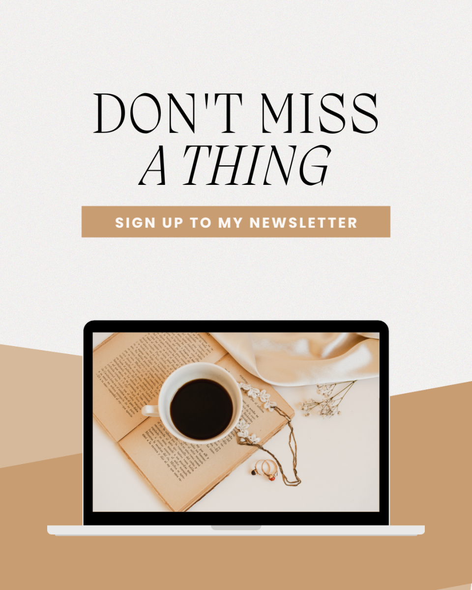 A laptop displaying a cup of coffee, an open book, and some jewelry, accompanied by a promotional message to sign up for a newsletter.