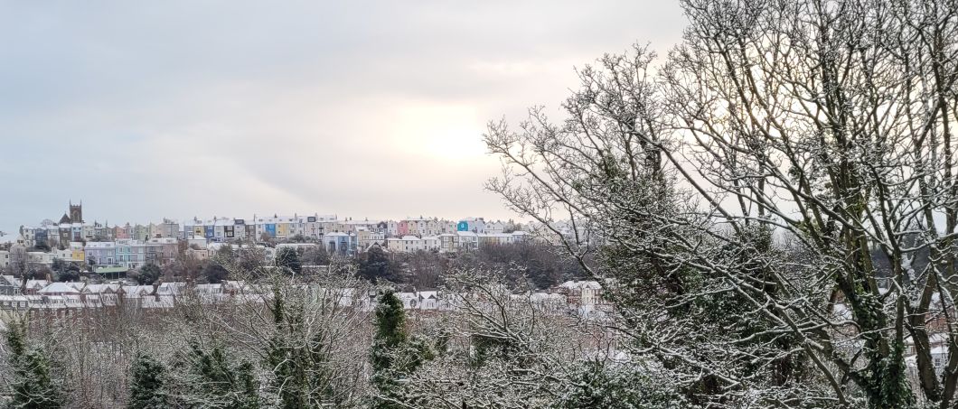 A view of a now-covered Hastings West Hill on a bright but cold January day