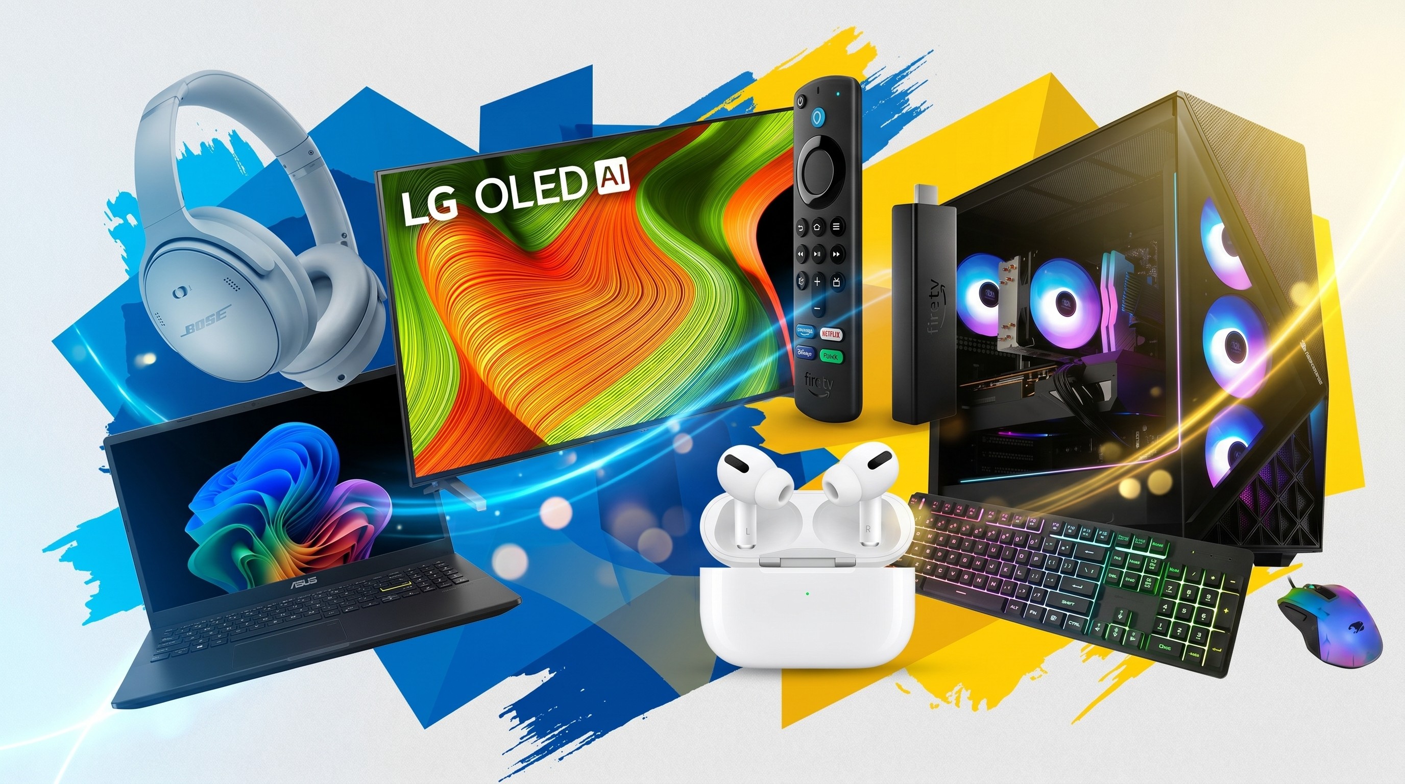 A collage of tech from the Best Buy sale, including an LG TV, ibuypower gaming PC, Fire TV Stick, Bose headphones, Acer laptop, and Apple earbuds.