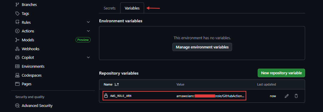 GitHub repository Actions variables tab showing AWS_ROLE_ARN variable added successfully