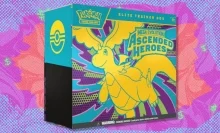 The Pokémon TCG: Mega Evolution — Ascended Heroes Elite Trainer Box on a blue, purple, and red background