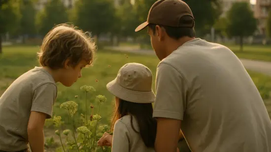 Una familia observa plantas e insectos en un parque urbano.