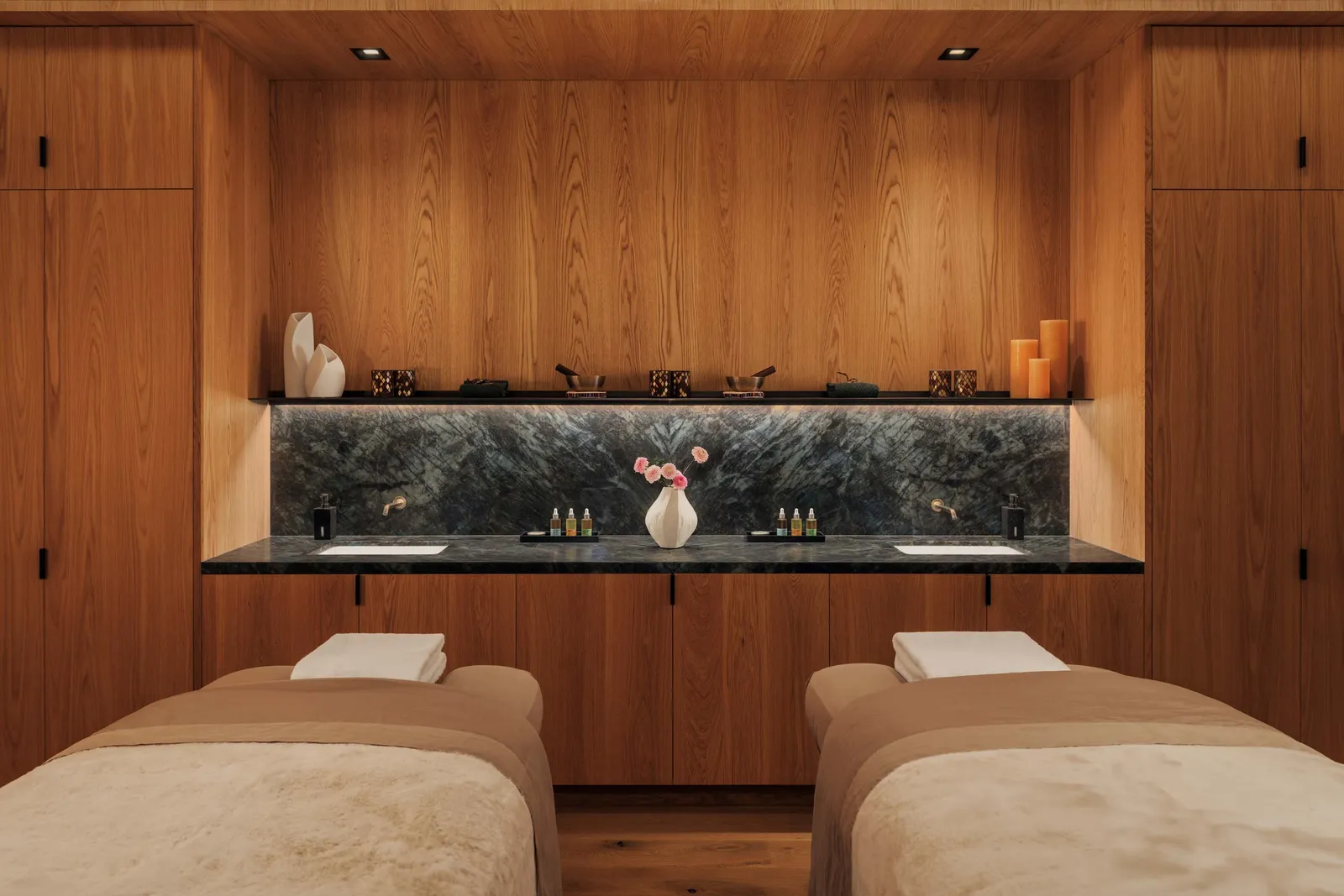 Image may contain Indoors Interior Design Wood Hardwood Stained Wood Bed Furniture Sink Sink Faucet and Wood Panels