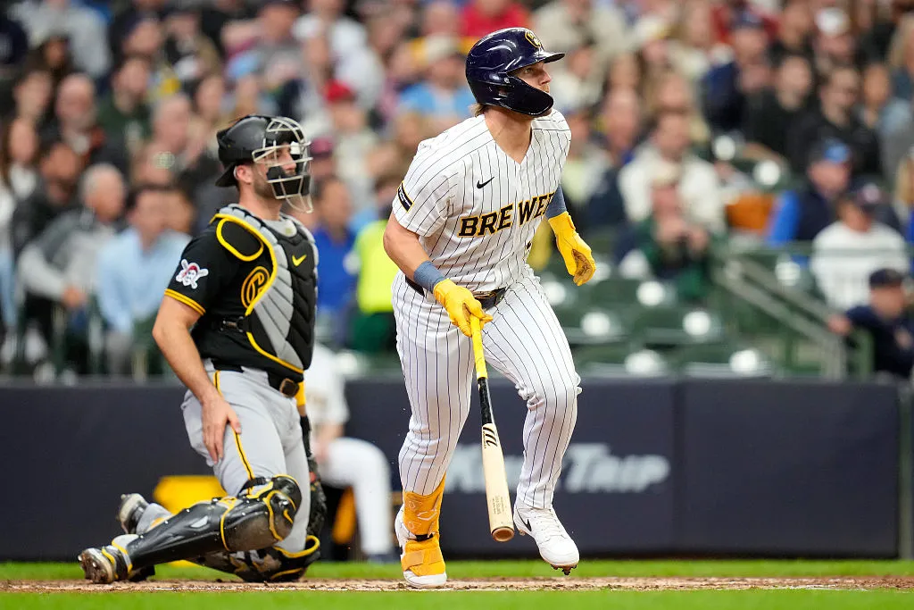 MILWAUKEE, WISCONSIN - APRIL 26: Jake Bauers #9 of the Milwaukee Brewers hits a ground rule double in the fourth inning against the Pittsburgh Pirates at American Family Field on April 26, 2026 in Milwaukee, Wisconsin. (Photo by John Fisher/Getty Images)