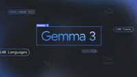 Gemma 3 logo in blue box on dark background with icons and text: Vision Language Tasks, 140 Languages, 128K Tokens.