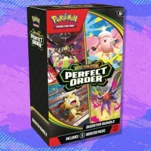 The Pokémon TCG: Mega Evolution — Perfect Order Booster Bundle on a blue and purple background