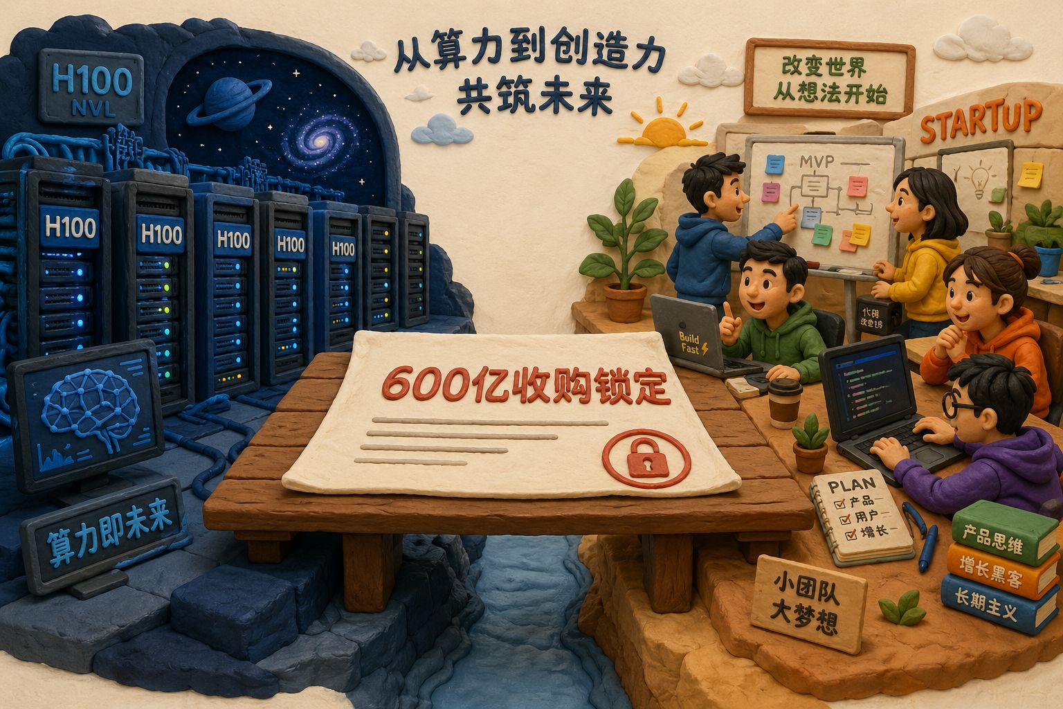 深色太空机房与创业公司办公室被一纸巨额收购承诺连接在一起,左侧是堆满H100服务器的冷蓝色机柜,右侧是写满代码的显示器和几位年轻创始人,中央一份“600亿收购锁定”文件摊开在木桌上,带有戏剧性的开场构图,羊皮纸,钢笔彩色手绘的统一风格。
