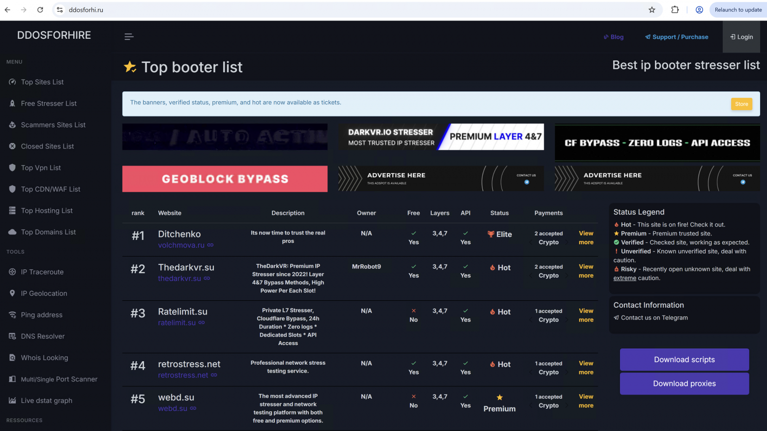 Это площадка, на которой размещается платная реклама DDoS-стрессеров, помимо этого для всех желающих доступны скрипты для проведения самостоятельных атак Это площадка, на которой размещается платная реклама DDoS-стрессеров, помимо этого для всех желающих доступны скрипты для проведения самостоятельных атак