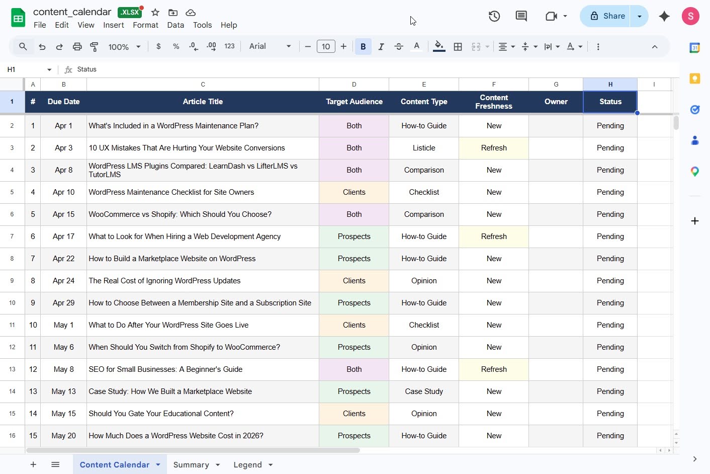 Screenshot of the content calendar from Claude in Google Sheets.