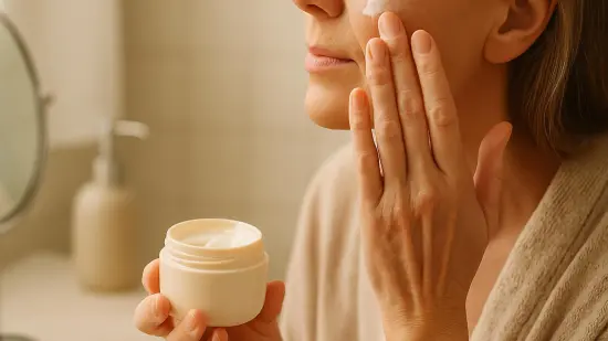 Manos aplicando crema hidratante en la mejilla frente a un espejo con luz suave.