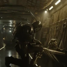 The Mandalorian and Grogu prepare for battle in a spaceship.