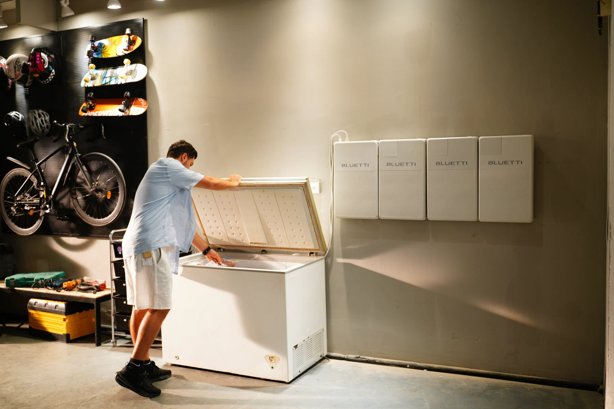 the fridgepower mounted on the wall to power a chest freezer