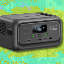 Bluetti Elite 10 mini portable power station on green and lime green abstract background