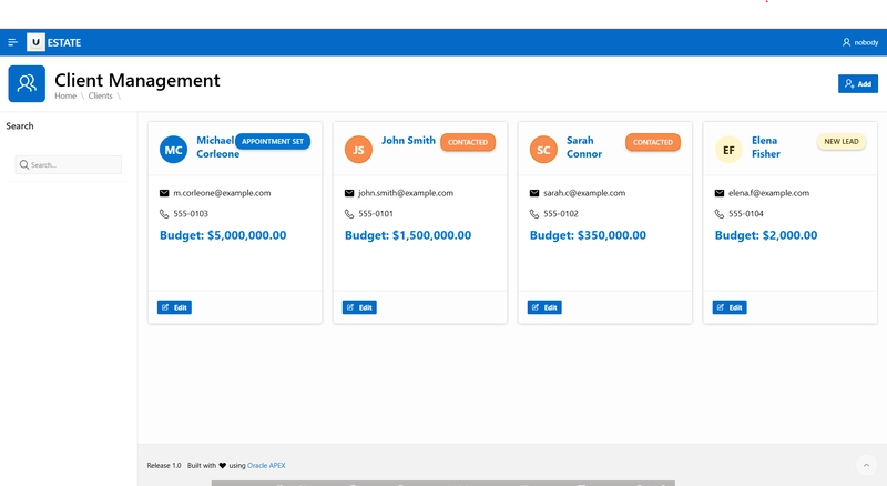 High-density client cards in Oracle APEX showing status badges, roles, and contact info