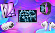 Apple products against a colorful background. 