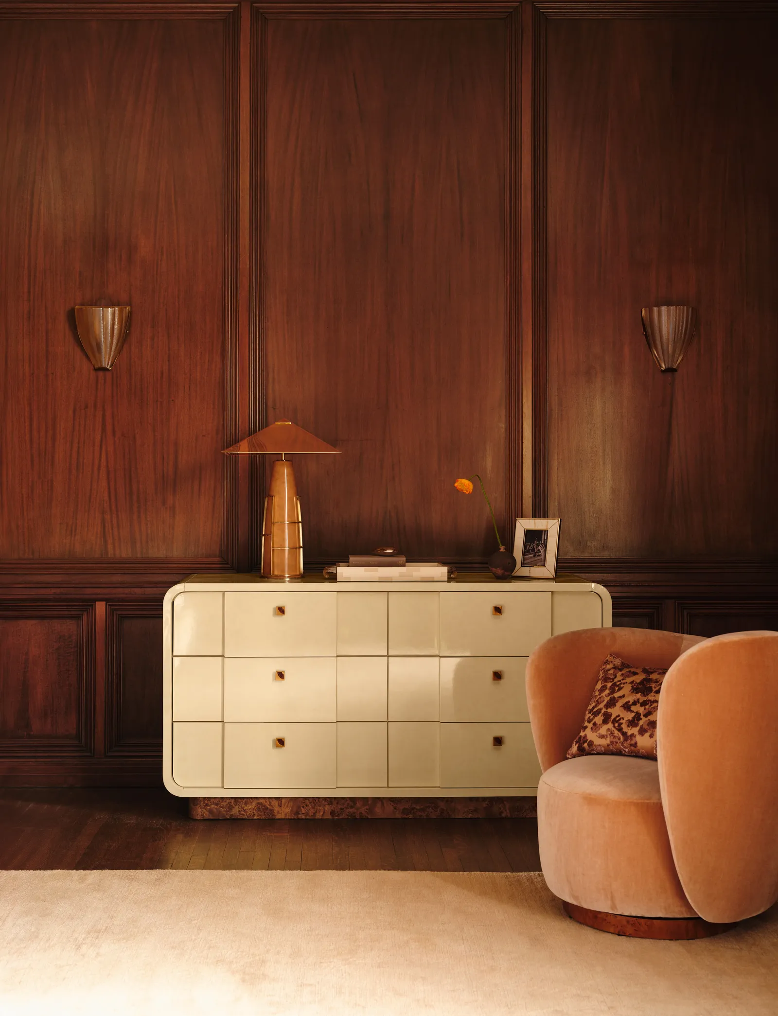 Image may contain Indoors Interior Design Furniture Sideboard Cabinet Drawer Lamp Chair Art and Painting