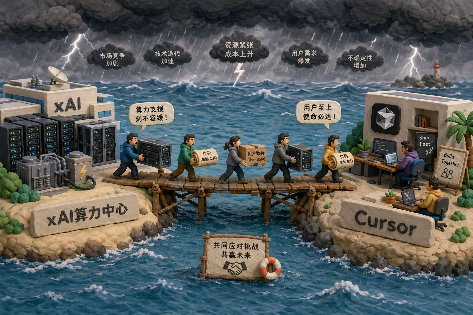 两座孤立的小岛分别写着“xAI算力中心”和“Cursor”,中间搭起一座临时木桥,桥上有人搬运服务器机箱、代码卷轴和用户数据箱子,远处海面阴云压顶,象征两边互相救急,羊皮纸,钢笔彩色手绘的统一风格。