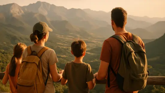 Una familia observa un paisaje de montaña desde un mirador al atardecer.