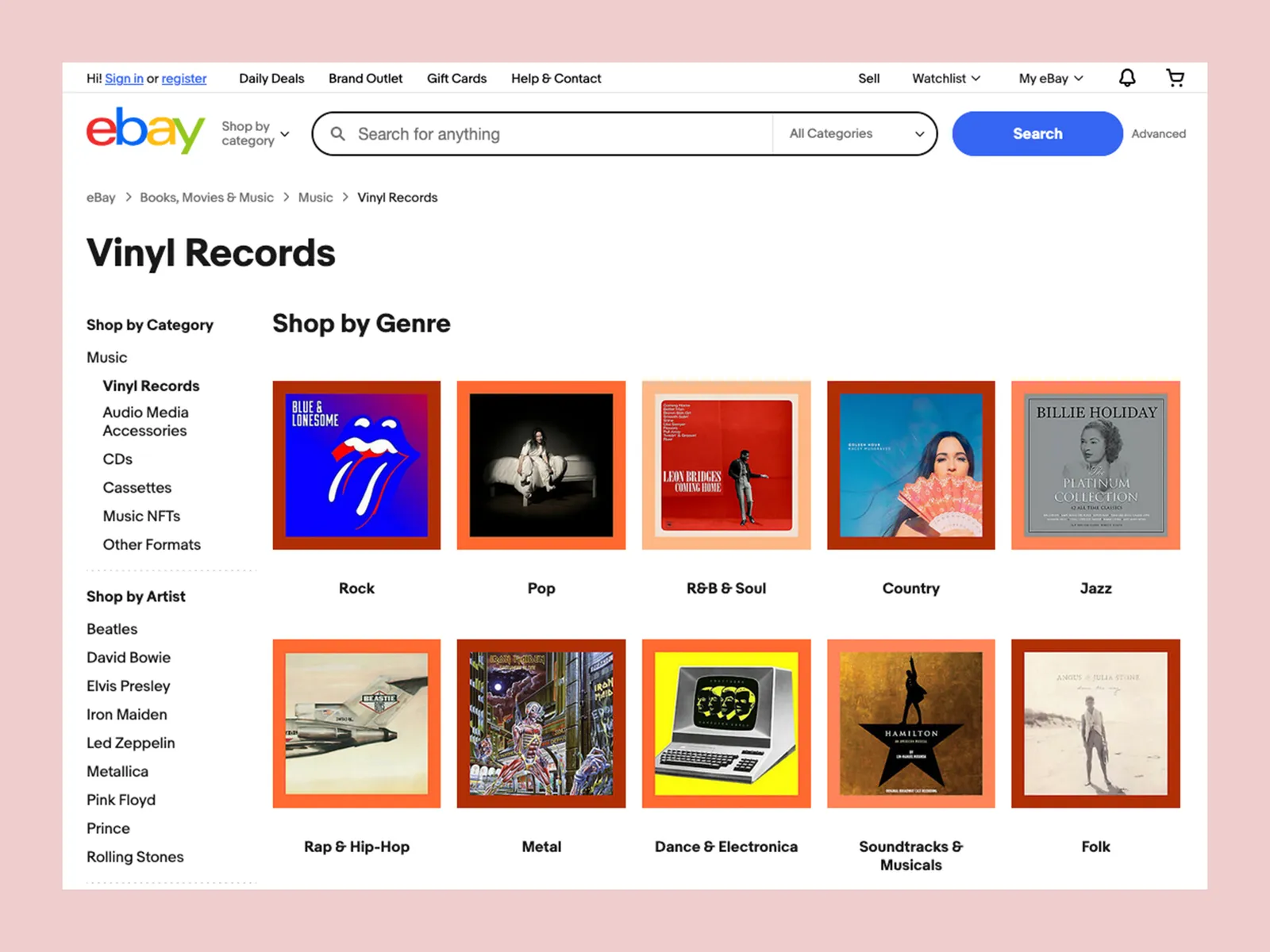 Screenshot of Ebay website showing the section to purchase vinyl records