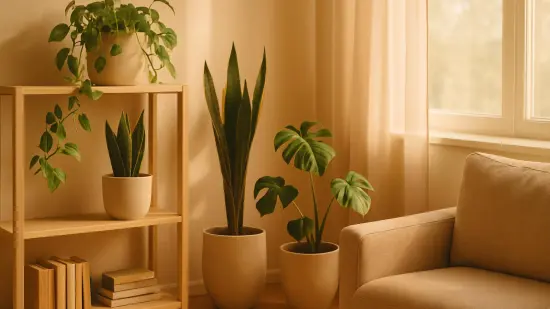 Un salón luminoso con varias plantas de interior en macetas junto a una ventana.