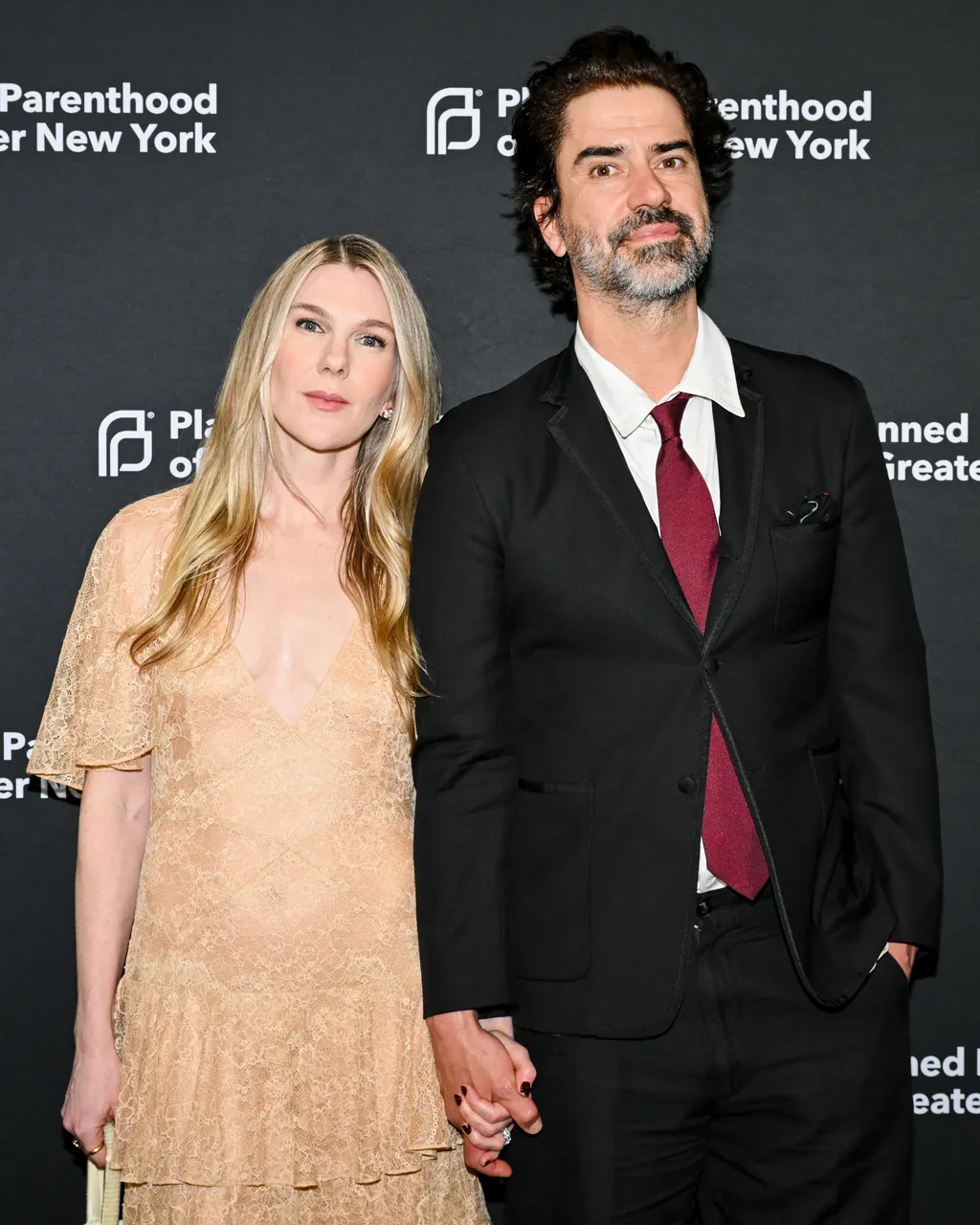 Image may contain Hamish Linklater Lily Rabe Fashion Adult Person Accessories Formal Wear Tie Wedding and Blonde