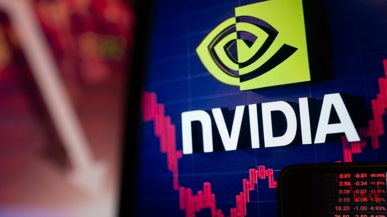 The Nvidia logo on top of a red stock exchange graph