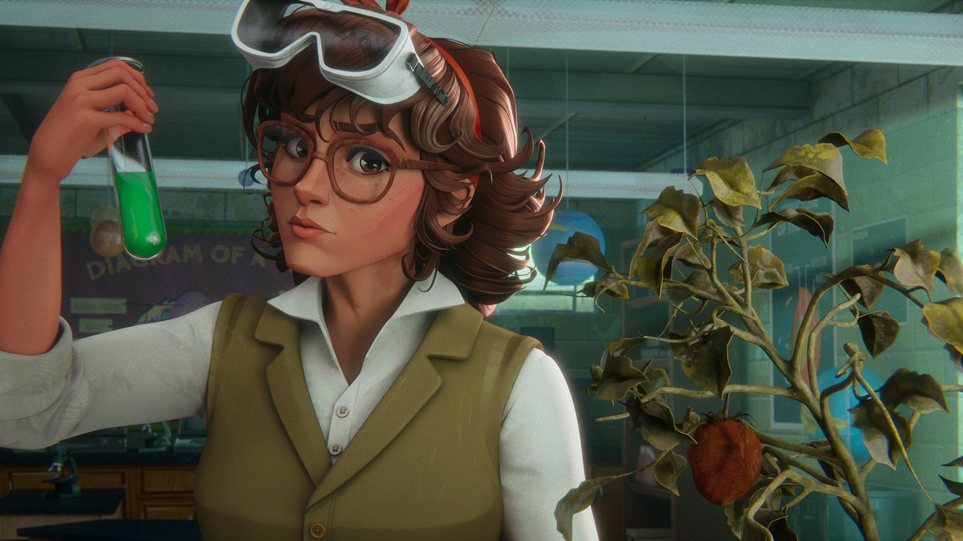 Mrs Baxter holding a vial with a green substance in it while standing next to a tomato plant in Stranger Things: Tales From 85