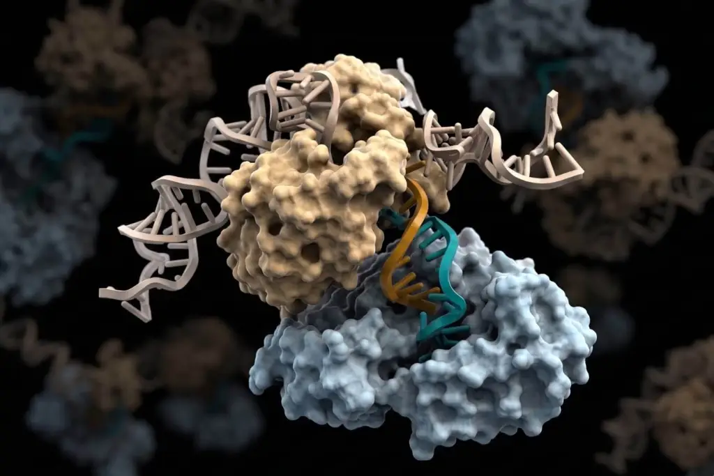 Arquitectura molecular del sistema de defensa bacteriano: síntesis coordinada de cadenas de ADN (naranja y cian) mediante dos enzimas. La primera (amarillo) utiliza un molde de ARN (beige) para guiar el ensamblaje de las bases nitrogenadas, mientras que la segunda (azul claro) emplea sus propios aminoácidos como plantilla estructural, un mecanismo biológico altamente inusual. Foto: Hyunbin Lee, modificada por Scruzcampillo.