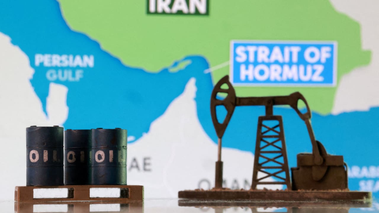 3D-printed oil barrels, an oil pump jack and a map showing the Strait of Hormuz and Iran appear in this illustration taken March 2, 2026. 3D-printed oil barrels, an oil pump jack and a map showing the Strait of Hormuz and Iran appear in this illustration taken March 2, 2026.