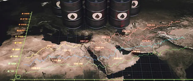 Oil barrels price projection line graph on a map of Middle East