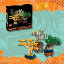 lego botanicals mini bonsai trees set against a blue and orange patterned background