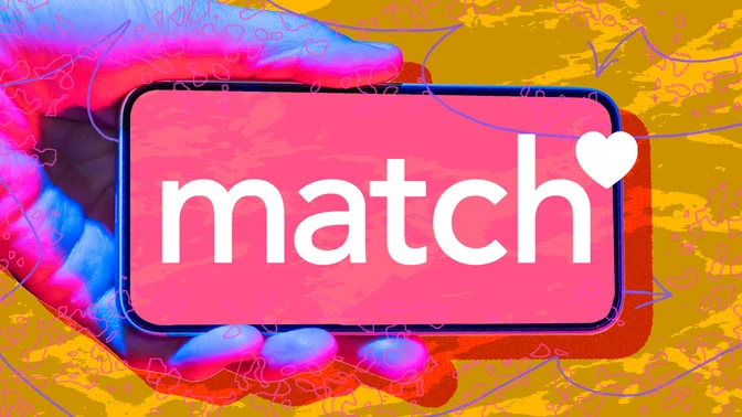Hand holding phone with Match logo against abstract background