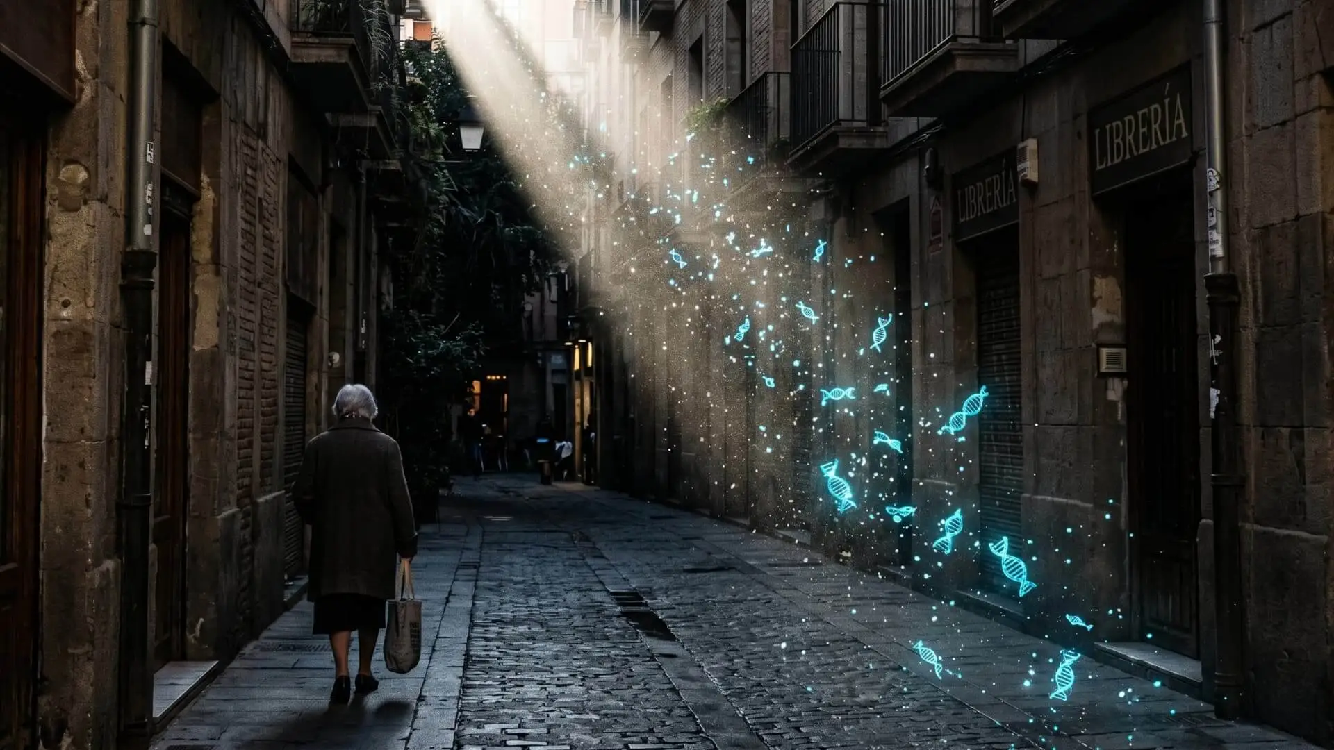Una mujer mayor camina por un estrecho callejón, donde un rayo de sol ilumina fragmentos flotantes de ADN. Foto: Nano Banana / Scruzcampillo.