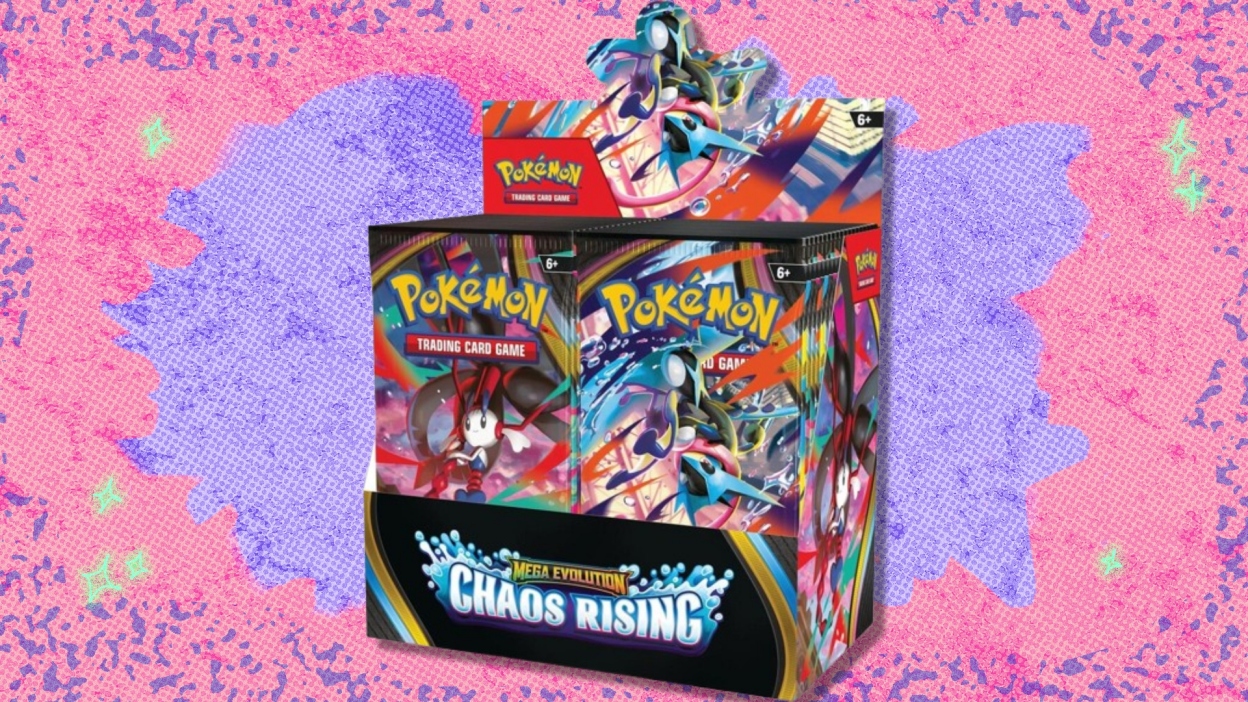The Pokémon TCG Mega Evolution — Chaos Rising Booster Box on a red and purple background
